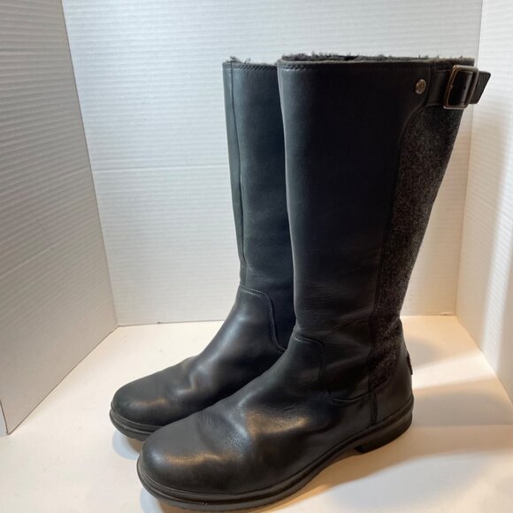 UGG Women's Black Leather & Gray Wool Tall Boots with Buckle Accent 9.5 - Picture 5 of 16